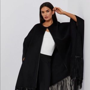 BCBG size OS handmade faux suede w/ leather fringes very warm not needed in FL